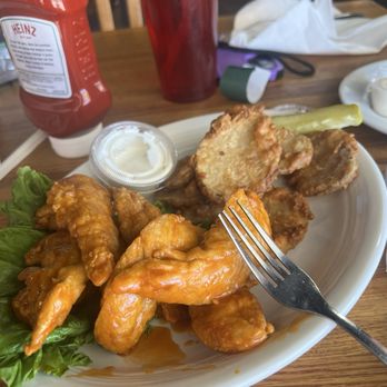 Spanky's Beachside - Chicken Fingers sauced with chicken wing sauce.  Served with house style fries. The house made ranch was spot on. - Seafood Near Me - Tybee Island, Georgia