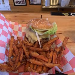 White Birch Golf Course - Swiss mushroom burger with sweet potato fries
