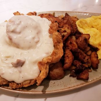 The Brass Fork - Country fried steak and eggs (with home fries and a biscuit on top) - Cafes Near Me - Las Vegas, Nevada The Brass Fork - Country fried steak and eggs (with home fries and a biscuit on top) - Cafes Near Me - Las Vegas, Nevada