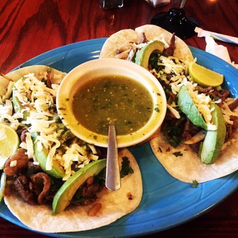 Checos Mexican - three tacos on a blue plate - Mexican Near Me - Ellington, Missouri