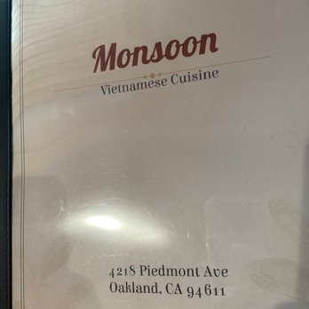 Monsoon - Front of menu. - Vietnamese Near Me - Piedmont, California