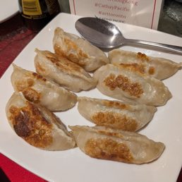 Dunpling - A white square plate holds eight pan-fried dumplings with golden-brown bottoms, accompanied by a metal spoon and a soy sauce bottle.