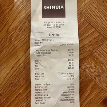 Shimuja Ramen - Receipt - Japanese Near Me - Miami, Florida