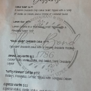 The Bond 1786 - Dessert menu - American Near Me - Warrensburg, New York The Bond 1786 - Dessert menu - American Near Me - Warrensburg, New York