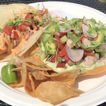 Dos Mundos - Shrimp ceviche tostada and fish Baja style taco. - New American Near Me - Newberg, Oregon