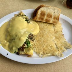 Mom's Kitchen - Florentine Omelette (add onion & peppers), hash browns, sourdough toast.