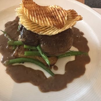 Voila the Bistro - Fillet mignon with fresh green beans and scallop potatoes. Garnished with handmade ruffle chips hot from the oven. Superb. - New American Near Me - Saint James, New York