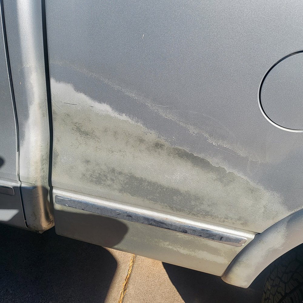 Iron Mountain Collision - Before, Driver Rear, bad paint and small dent just behind door - Body Shops Near Me - Loveland, Colorado Iron Mountain Collision - Before, Driver Rear, bad paint and small dent just behind door - Body Shops Near Me - Loveland, Colorado