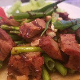 Vegan Teriyaki Duck with green onion, asparagus and hoisin sauce with peanut garnish Vegan Teriyaki Duck with green onion, asparagus and hoisin sauce with peanut garnish