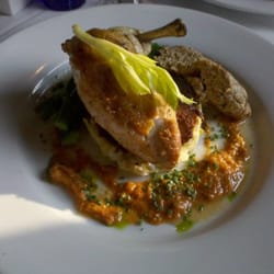 The Blue Bottle Cafe - Roasted Griggstown Chicken with Sweet Fennel  Chicken Sausage, Goat Cheese Artichoke Potato Cake in a Smoked Tomato Pesto