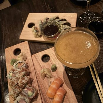 SUSHI DOKKU Japanese Restaurant - Truffle Hamachi Salmon nigiri  Crispy Maguro pear up cocktail - Sushi Bars Near Me - Chicago, Illinois
