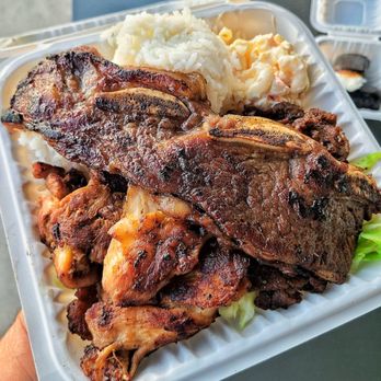 Mahalo Hawaiian Grill - A3 BBQ mix plate has BBQ Rib, BBQ ribeye, and BBQ Chicken - Hawaiian Near Me - Plano, Texas Mahalo Hawaiian Grill - A3 BBQ mix plate has BBQ Rib, BBQ ribeye, and BBQ Chicken - Hawaiian Near Me - Plano, Texas