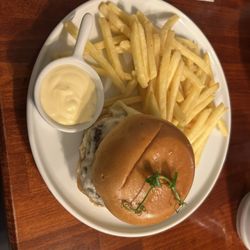 Pivovar Staré Město - Beef burger with a side of fries and mayo.