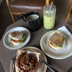 Walden Coffee - matcha (hot and iced) two veggie delight sandwhiches (one with gluten free bread) & a caramel roll