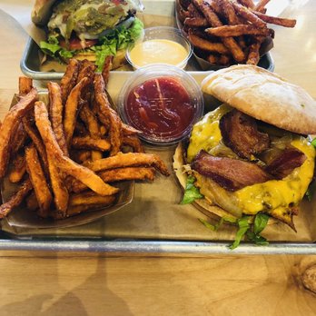 Grassburger - Bacon cheddar burger and green Chile jack burger with sweet potato fries with fry sauce and ketchup. - Burgers Near Me - Albuquerque, New Mexico