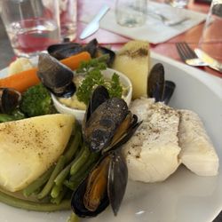 Le Petit Gourmand - Daily special - white fish, cod with boiled vegetables and potatoes. Served with Aioli sauce.