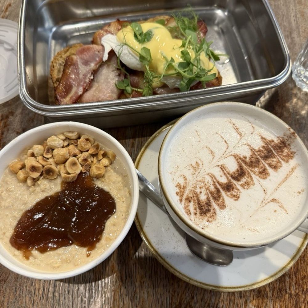 The orridge, eggs benedict, and chai tea latte The orridge, eggs benedict, and chai tea latte