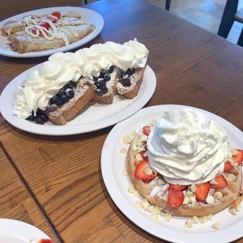 Eggs 'n Things Ko Olina - Strawberry, sour cream and cheesecake crepes, blueberry and coconut French toast, strawberry and white chocolate waffle - American Near Me - Kapolei, Hawaii Eggs 'n Things Ko Olina - Strawberry, sour cream and cheesecake crepes, blueberry and coconut French toast, strawberry and white chocolate waffle - American Near Me - Kapolei, Hawaii