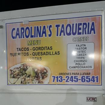 Carolina's Taqueria - Sign on side of truck, list of meats they provide - Food Trucks Near Me Carolina's Taqueria - Sign on side of truck, list of meats they provide - Food Trucks Near Me
