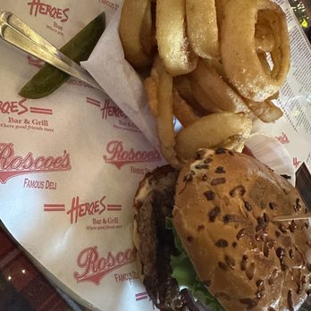 Heroes Bar & Grill - Heroes burger w/ onion rings - New American Near Me - Fullerton, California Heroes Bar & Grill - Heroes burger w/ onion rings - New American Near Me - Fullerton, California