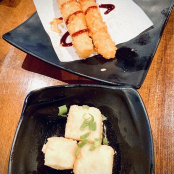 Kuma Sushi - (Top) fried calamari to start sticks; (bottom) agedashi tofu appetizer - Sushi Bars Near Me - Reno, Nevada