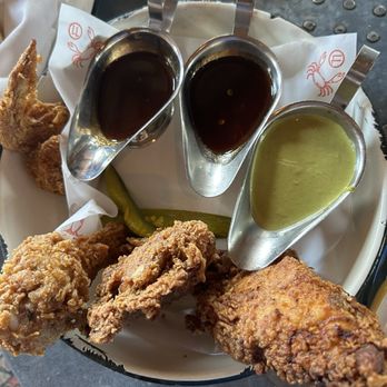 La Lucha - Half fried chicken with choice of Honey Sambal, Green Harissa, Oyster Mayo (first 2 were selected) - Seafood Near Me - Houston, Texas La Lucha - Half fried chicken with choice of Honey Sambal, Green Harissa, Oyster Mayo (first 2 were selected) - Seafood Near Me - Houston, Texas