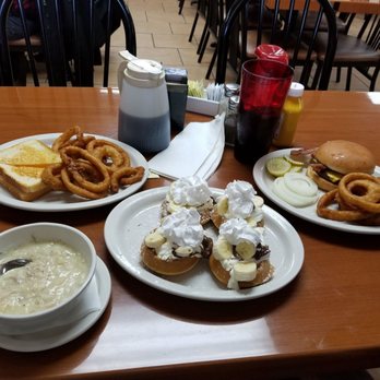 Anderson Grill - Grilled cheese with fresh, hand battered onion rings and lemon chicken rice soup and banana Nutella mini waffles. - Breakfast & Brunch Near Me - Anderson, Indiana