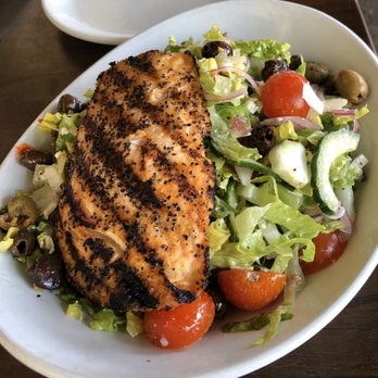 Ollo - Greek Salad + Salmon. So so good - New American Near Me - Malibu, California Ollo - Greek Salad + Salmon. So so good - New American Near Me - Malibu, California