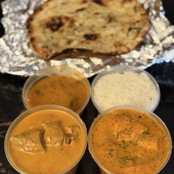 Karma Kafe - Chicken Tikka Masala ($18), Lamb Korma (~$21), Roasted Garlic Naan (~$5), Basmati Rice & Dal