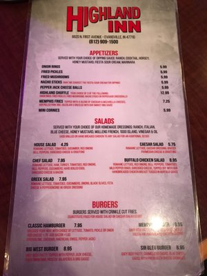 Menu photo 2 Highland Inn Evansville, IN