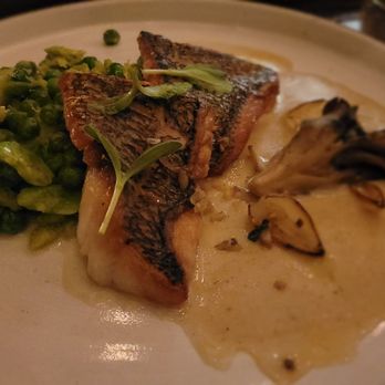 The Osprey - Blackened Bass, grilled artichoke with flavored mixed green peas. - Australian Near Me - Brooklyn, New York