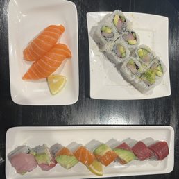 Salmon Nigiri, California Roll and Rainbow Roll Salmon Nigiri, California Roll and Rainbow Roll