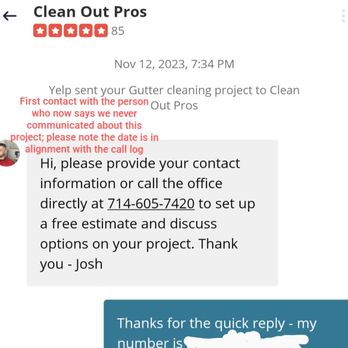 Clean Out Pros - Receipt 1: First contact with Josh on 11/12/23 regarding the gutter project - Gutter Services Near Me Clean Out Pros - Receipt 1: First contact with Josh on 11/12/23 regarding the gutter project - Gutter Services Near Me