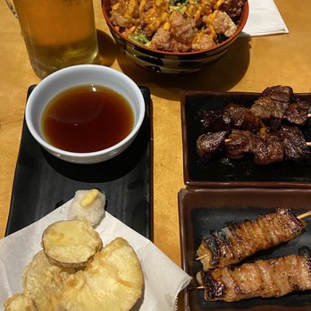 Hinotez - Top: Karaage Don Left: sweet potato tempura Top right: bbq tender Bottom right: pork neck - Japanese Near Me - San Diego, California Hinotez - Top: Karaage Don Left: sweet potato tempura Top right: bbq tender Bottom right: pork neck - Japanese Near Me - San Diego, California