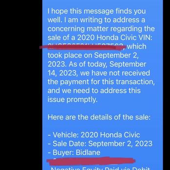 Bid Lane - After emails and over 10 calls with no real resolution I sent a text back to the number they sent tracking info of check. - Car Buyers Near Me - Inglewood, California