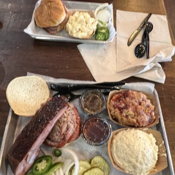 CorkScrew BBQ - (Top) Sandwich with sliced brisket and a side of Mac and cheese. (Bottom) The Whole Hog with a side of potato salad and cherry cobbler - Barbeque Near Me - Spring, Texas CorkScrew BBQ - (Top) Sandwich with sliced brisket and a side of Mac and cheese. (Bottom) The Whole Hog with a side of potato salad and cherry cobbler - Barbeque Near Me - Spring, Texas