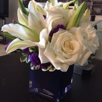 Tiffany Florist - White and purple square birthday arrangement. - Florists Near Me - Birmingham, Michigan Tiffany Florist - White and purple square birthday arrangement. - Florists Near Me - Birmingham, Michigan