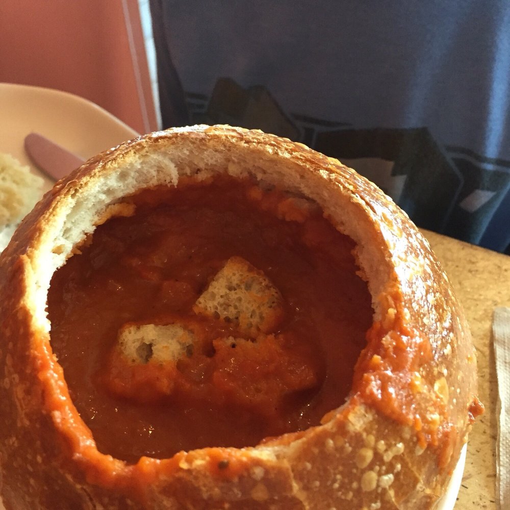 Tomato basil soup in sourdough bread bowl? Yes please!!!