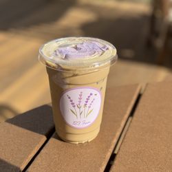 Iced Lavender Latte with oatmilk and added their lavender cream top!