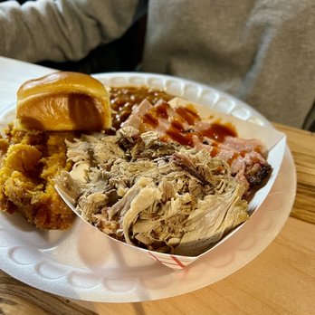 306 Barbecue - Brisket and pulled pork combo with sweet potato casserole and baked beans. - Barbeque Near Me - Athens, Alabama