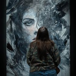 The Marshall Gallery of Fine Art - A viewer stands in front of Josh Hernandez's painting