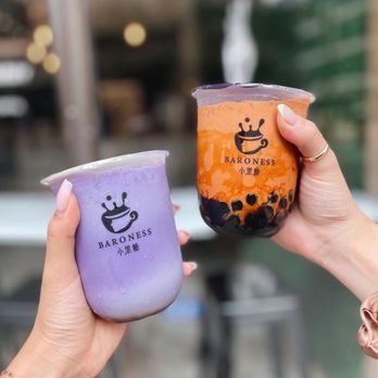 Baroness - L: purple yam + oat milk R: thai tea + oat milk - Bubble Tea Near Me - Toronto, Ontario Baroness - L: purple yam + oat milk R: thai tea + oat milk - Bubble Tea Near Me - Toronto, Ontario