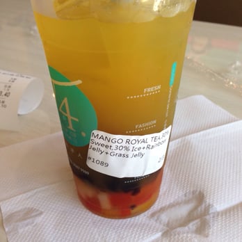 T4 - Mango tea with grass jelly and combo jelly, a surprisingly good pairing. - Bubble Tea Near Me - Dublin, California T4 - Mango tea with grass jelly and combo jelly, a surprisingly good pairing. - Bubble Tea Near Me - Dublin, California
