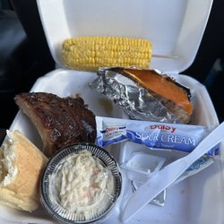 The Patio - 1/2 slab ribs, backed potato with sour cream/cheese, corn on the cob, bread with butter and cole slaw