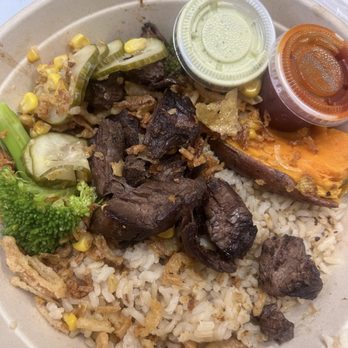 Cooked Klean - Steak brown rice broccoli onion crips sweet potato corn cucumbers klean green sauce and the honey one ( it does have a nice kick) - Salad Near Me - Queens, New York