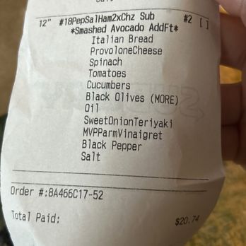 Subway - Receipt to prove I paid for avocado, and didn't ask for them to remove the salami. - Sandwiches Near Me - De Motte, Indiana
