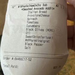 Subway - Receipt to prove I paid for avocado, and didn't ask for them to remove the salami.