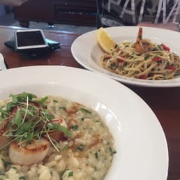 Seared scallop risotto and chilli prawn linguine.