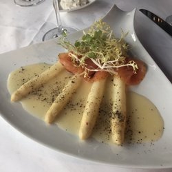 Restaurant Da Damiano - Salmon white asparagus, micro greens and sauce - yumm!