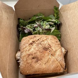 Grilled chicken sandwich in ciabatta roll and side salad